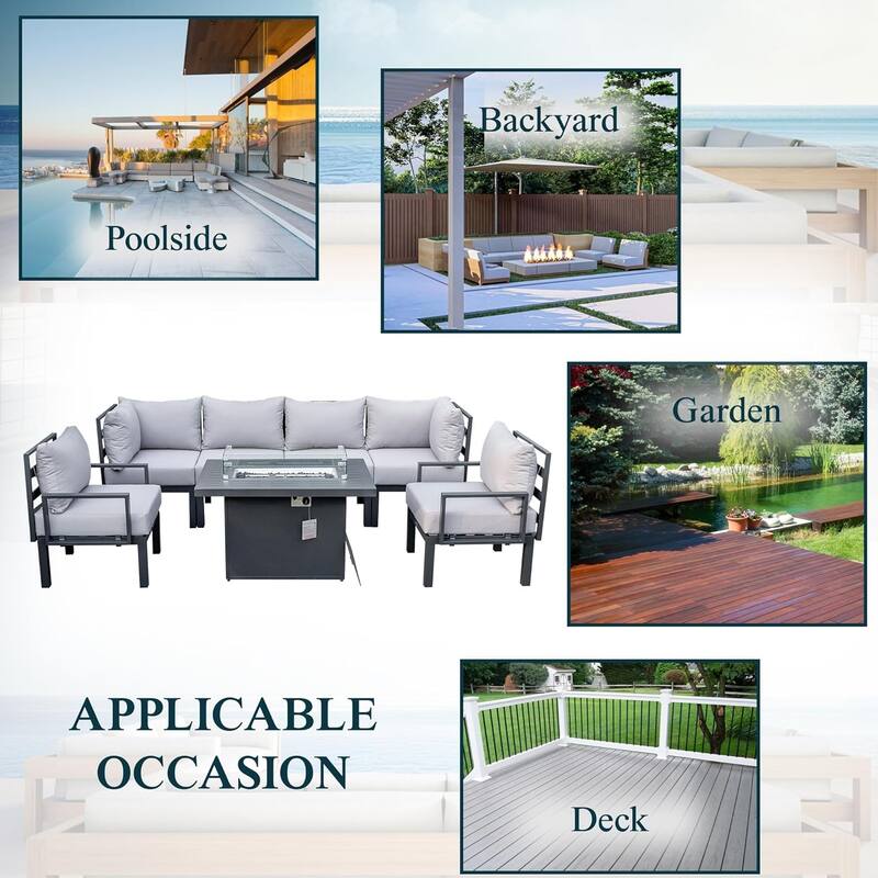 Chelsea 7-Piece Outdoor Patio Sectional Set with Firepit Table in Black Aluminum for Backyard Garden and Patio Deck