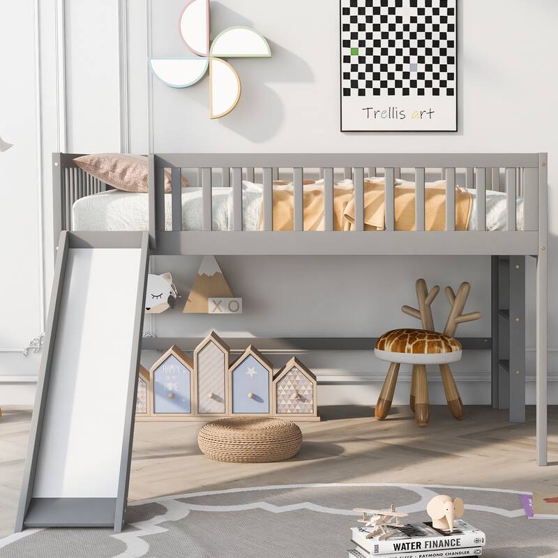 Low Loft Bed with Ladder and Slide, Solid Wood Loft Bed Frame with Full-Length Guardrail for Boys or Girls, No Box Spring Needed