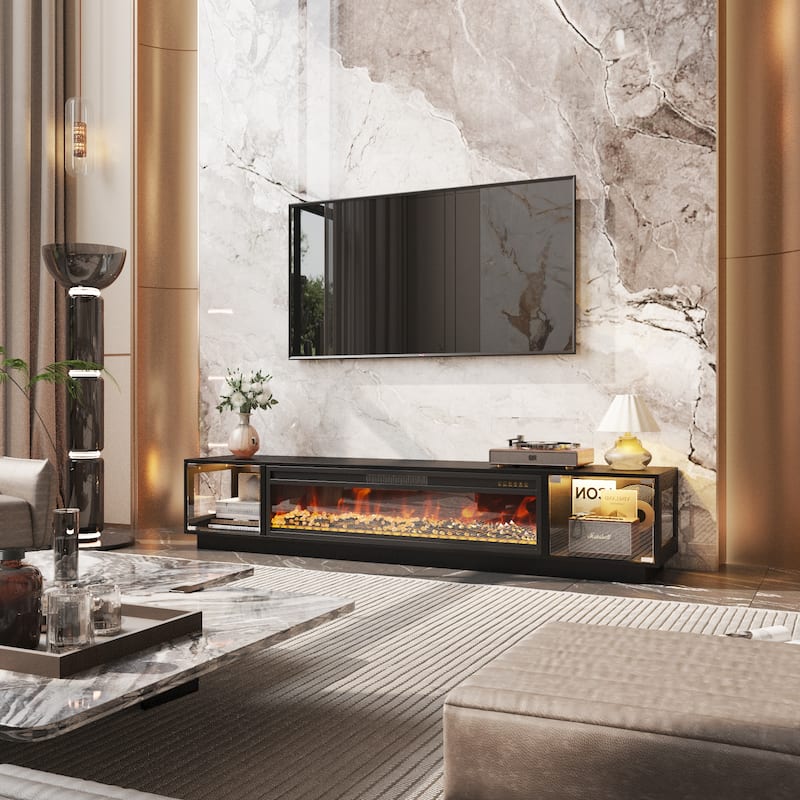 Modern Black Fireplace TV Stand Combo,Remote Fireplace Heater,2 Drawers,Light Strip & USB