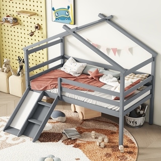 Kid-Friendly Design Twin Size Loft Bed with Slide, Ladder, Safety Guardrails, House Roof Frame