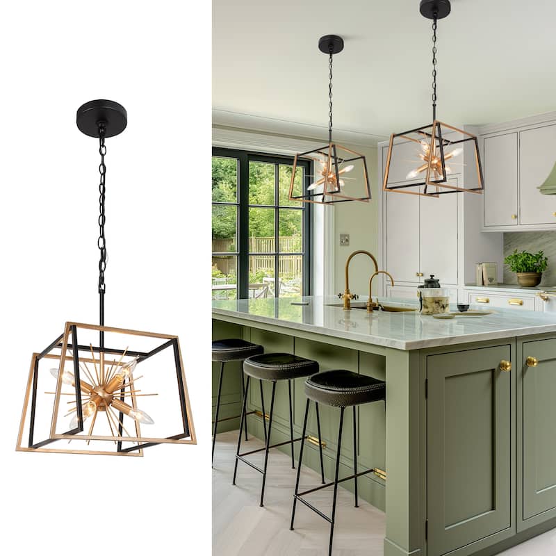 Modern Farmhouse 6-Light Black Gold Sputnik Chandelier Geometric Island Lights for Kitchen