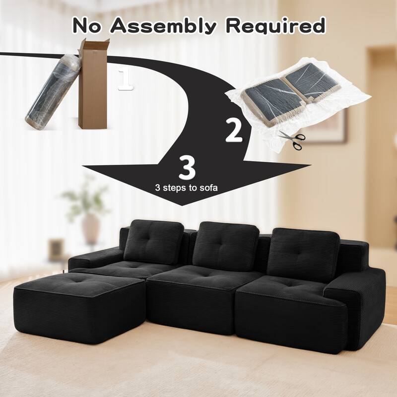 117" Modern L-Shaped Modular Sectional Sofa for Living Room, Corduroy Fabric,3-Seater Couch with Deep Seat and Movable Ottoman