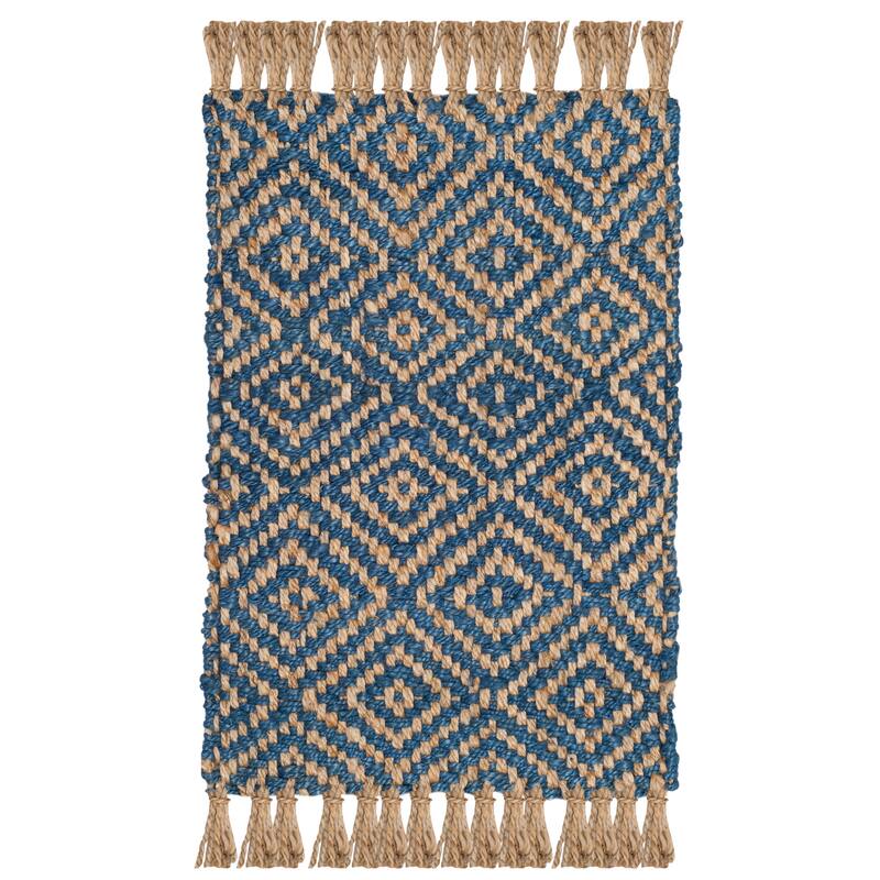 SAFAVIEH Handmade Natural Fiber Jaeda Diamond Jute Tassel Rug - 2'3" x 4' - Tropical Blue/Natural