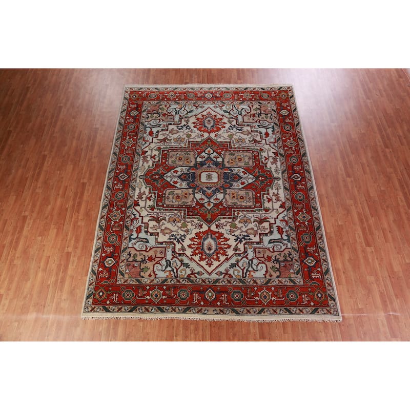 Hand Knotted Oriental 100% Wool Carpet Traditional Medallion Beige & Ivories Heriz (serapi) Area Rug - 12' 0'' X 9' 1''
