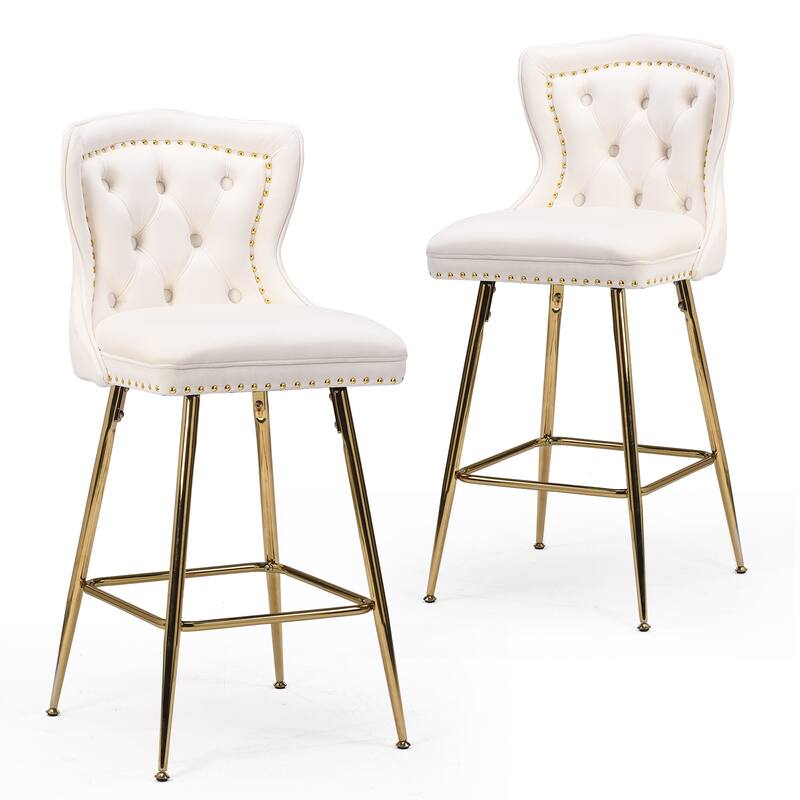 Set of 2 Beige Velvet Wingback Bar Stools, Button Tufted with Nailhead Trim & Metal Legs - Counter Height