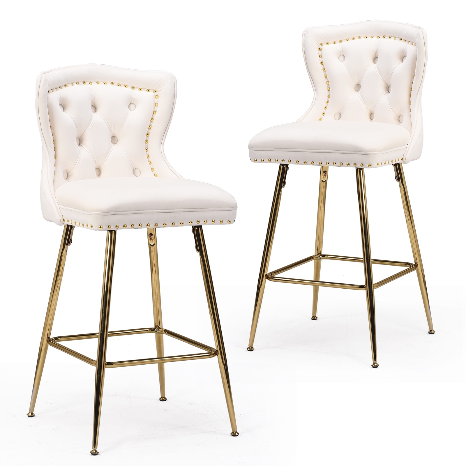 Set of 2 Velvet Counter Height Bar Stools with Metal Legs, Button Tufted and Nailhead Trim for Kitchen Island Dining Room Pub