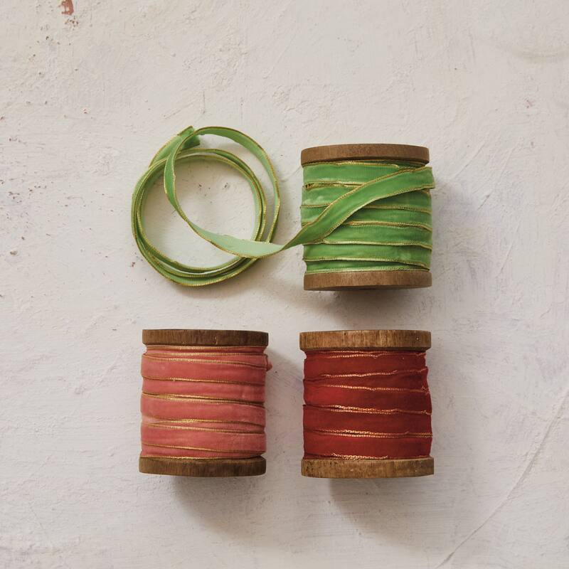 Velvet Ribbon with Metallic Edges on Wood Spool, Set of 3 - Multi
