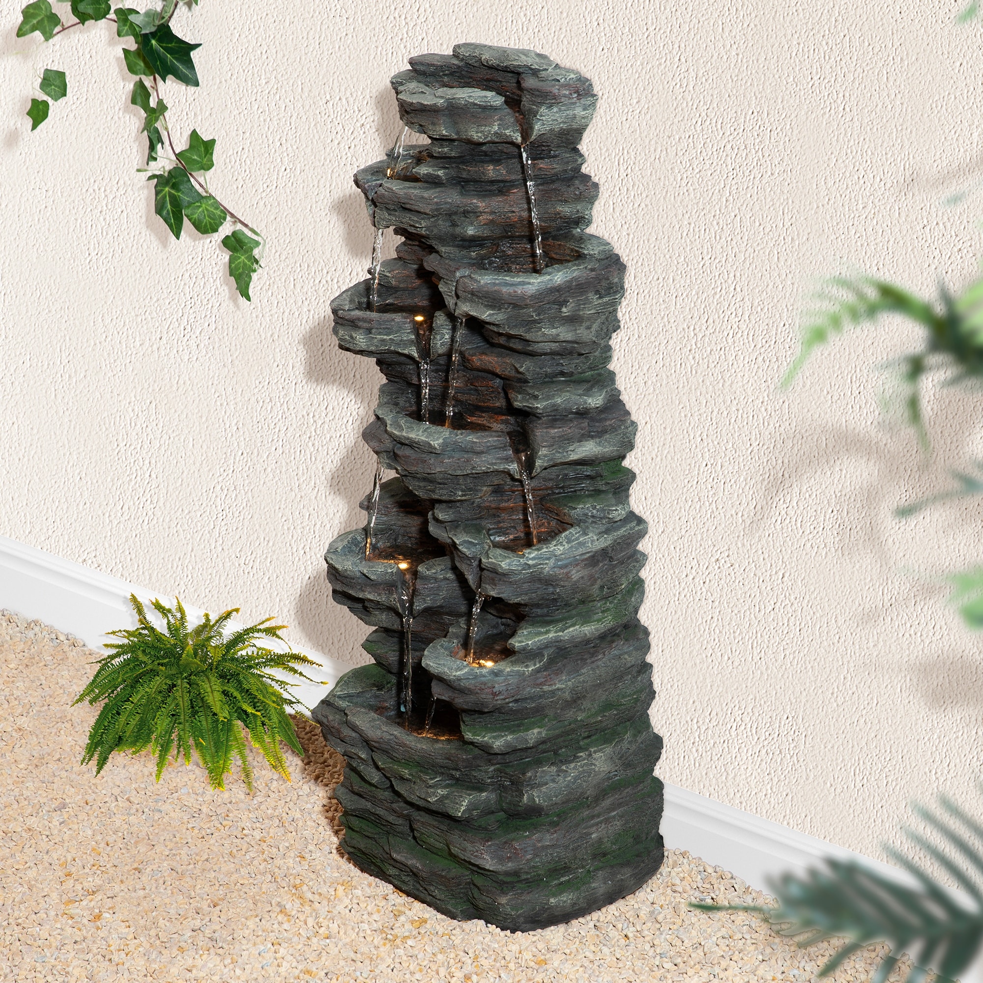 Glitzhome 40"H 9-Tiers Polyresin Cascading Rock Outdoor Water Fountain with LED Lights Featuring Natural Stone Look