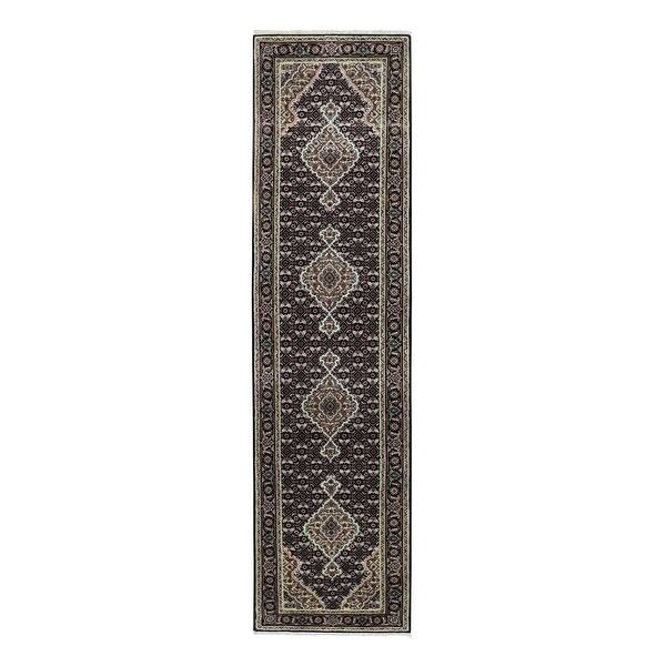 slide 1 of 8, Shahbanu Rugs Black Tabriz Mahi Fish Design Wool And Silk Runner Hand Knotted Rug (2'5" x 10'1") - 2'5" x 10'1"