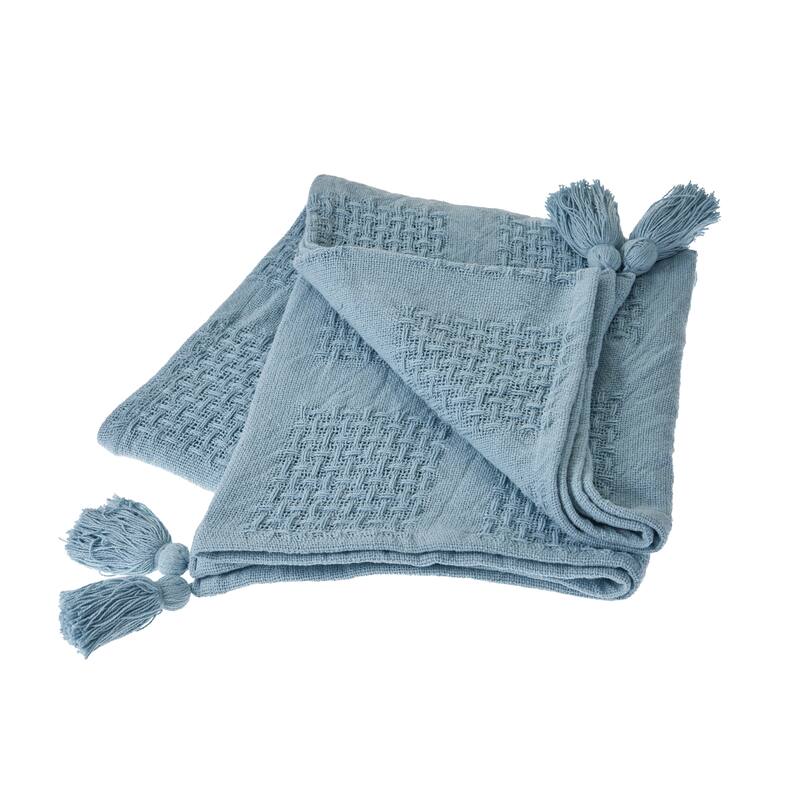 Porch & Den Hand-Woven Natural Cotton Basket Weave Standard Size Throw Blanket - Blue