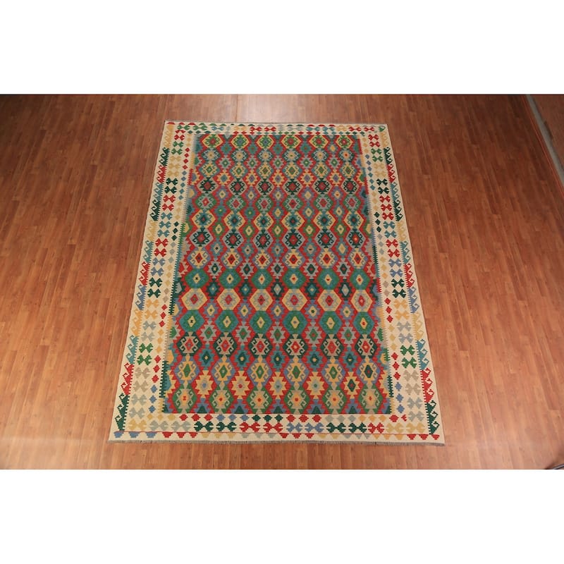 Geometric Multi-Color Kilim Reversible Area Rug Flatweave Wool Carpet - 8'0"x 11'3"