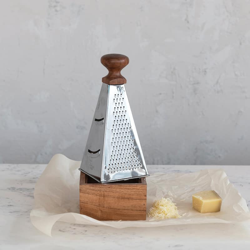 Handheld Stainless Steel Grater with Acacia Wood Handle - 4.8"L x 4.8"W x 11.0"H