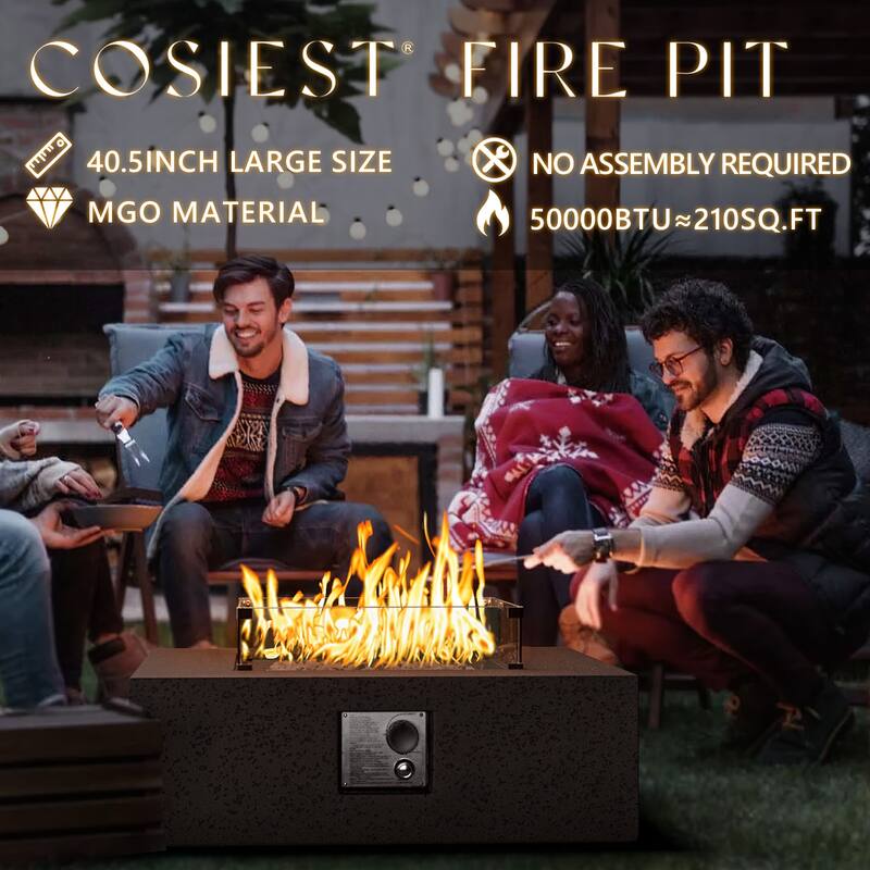 COSIEST Square Patio Fire Table With Tank Cover, Glass Wind Guard
