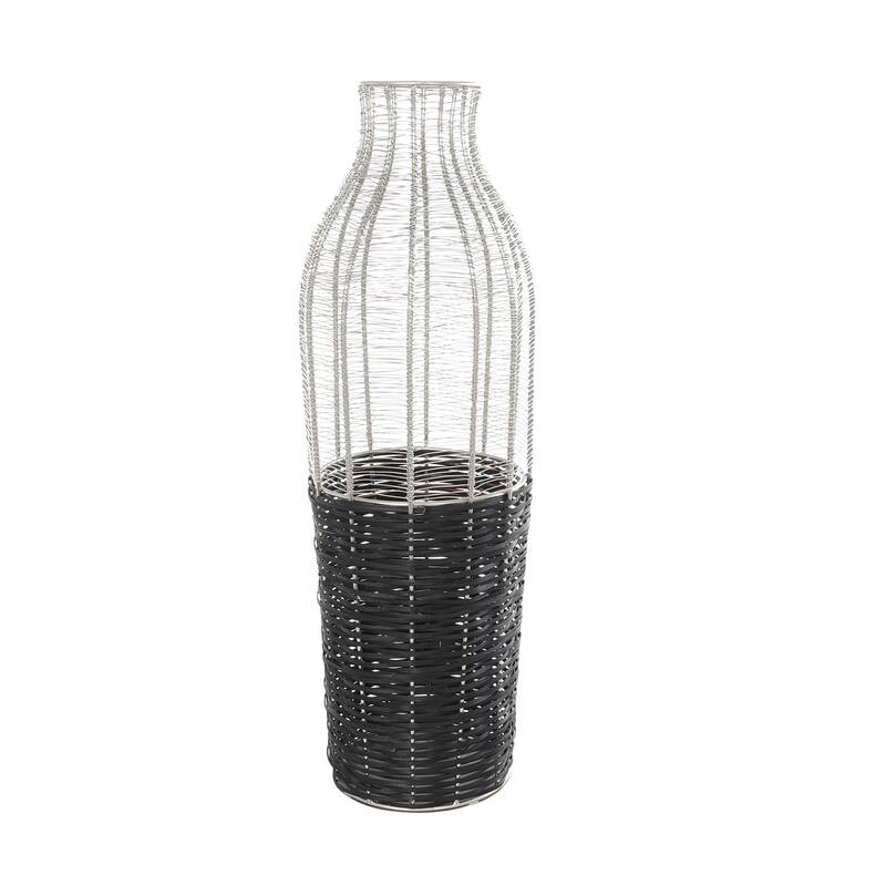 Silver Metal Tall Vase with Woven Black Rattan Base