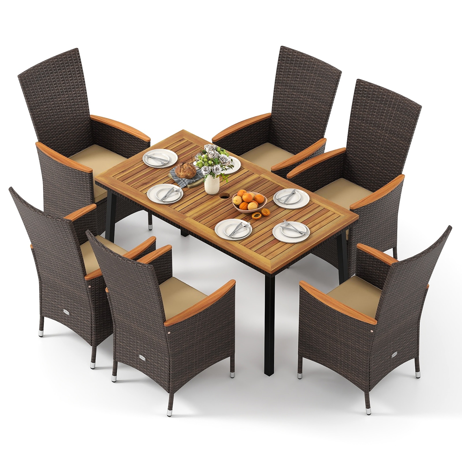 Gymax 7PCS Patio Wicker Armchairs Acacia Wood Table w/Umbrella Hole