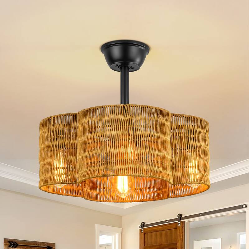 4-Light Modern Farmhouse Black and Deep Brown Geometric Drum Ceiling Fan Lighting with Remote Included - 20 in. W x 8.27 in. H