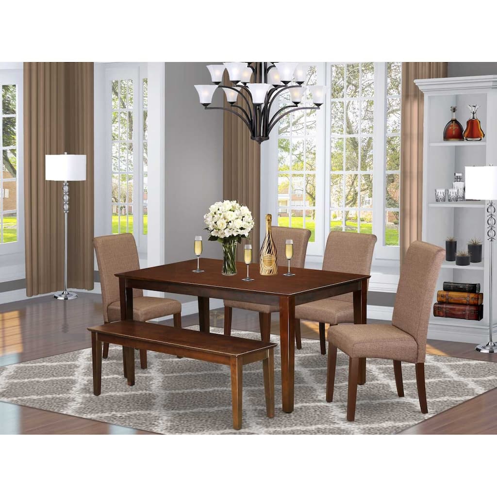 HomeStock 6-Piece Rectangle Mahogany Finish Solid Wood Top Dining Table with 1 Bench, 4 Chairs
