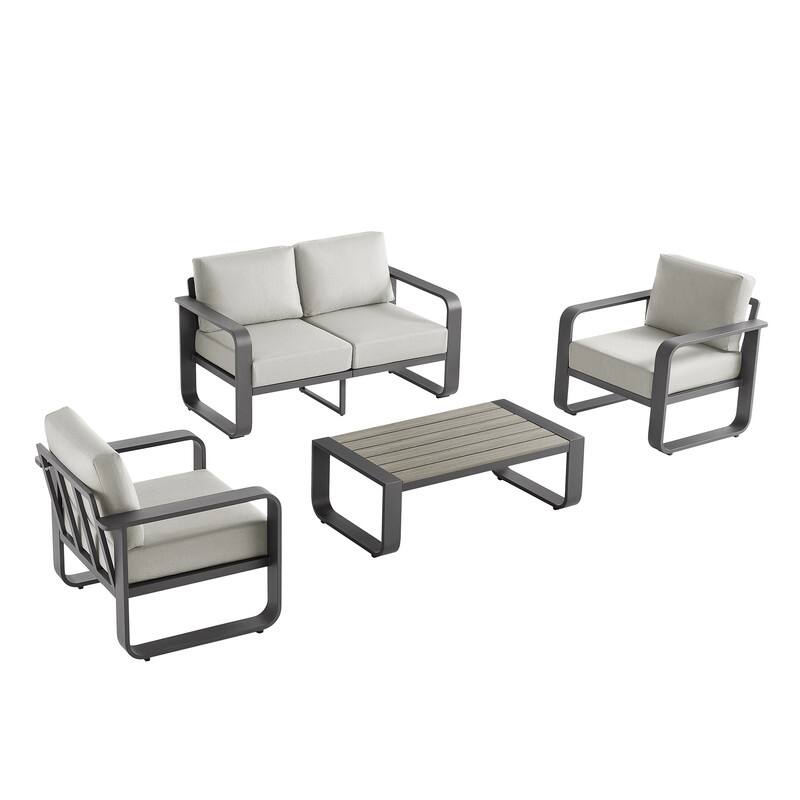 Spruce & Spring Outdoor Patio Furniture Set Aluminum Sofa Accent Chair - 4PC-Loveseat - Light Gray