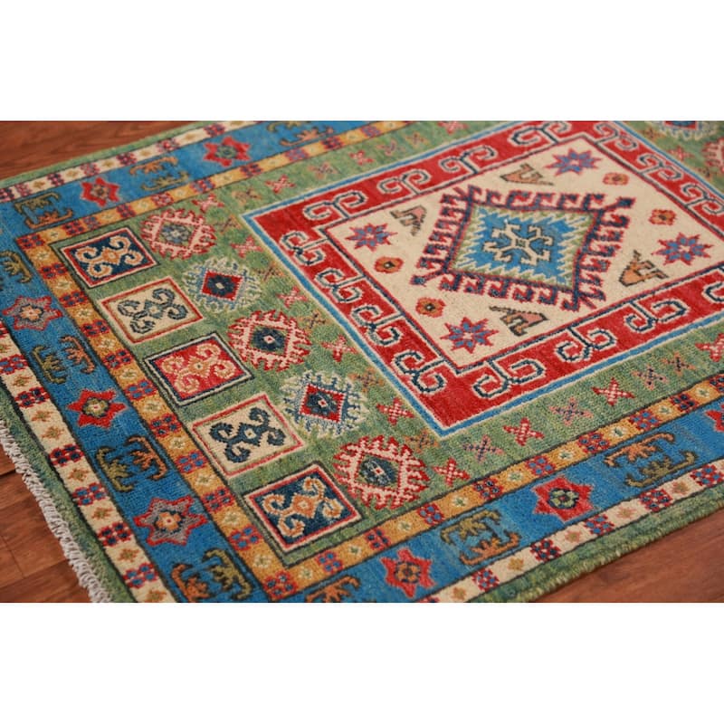 Green Kazak Foyer Rug Hand-Knotted Wool Carpet - 2'8"x 3'11"