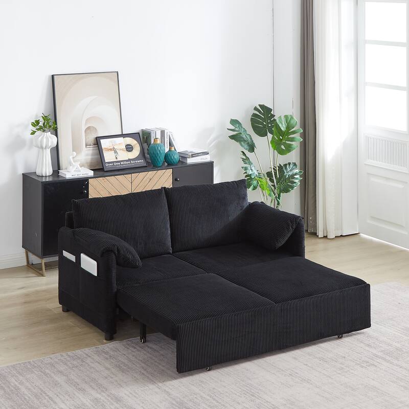 65" Corduroy 2-Seater Sleeper Sofa, 3-in-1 with Storage and Side Pocket