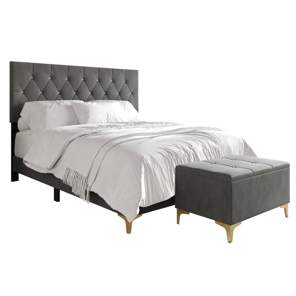 CraftPorch Glam Crystal Diamond Tufted Velvet Upholstered Bed with Storage Bench