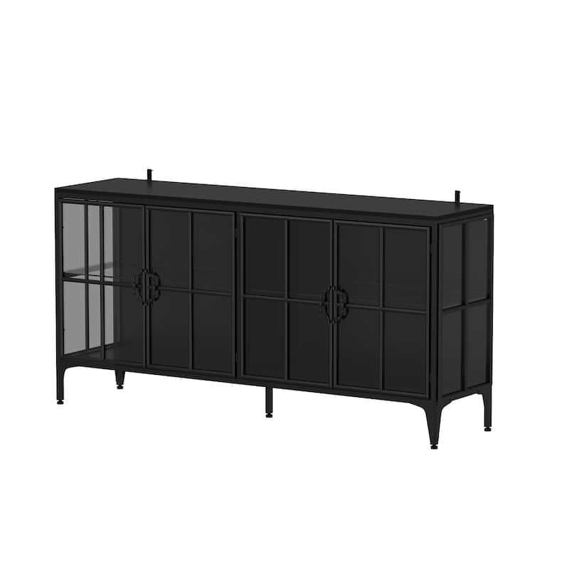 Buffet LED Light Industrial Glass Sideboard with Metal Frame and Tempered Glass Doors