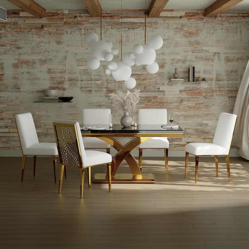 65 inch Faux Marble Dining Table Set with Boucle Dining Chairs