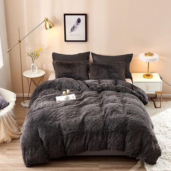 Fluffy Shaggy Comforter Set with 2 Pillowcases King Dark Gray On