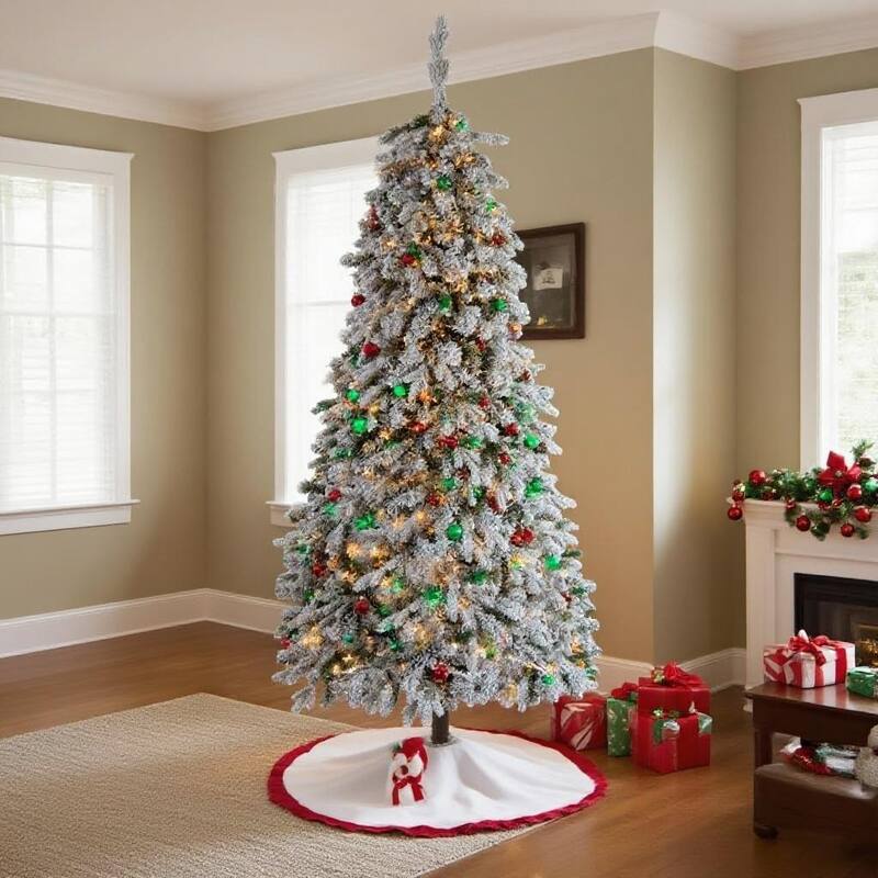 Artificial Snow Flocked Xmas Tree, with 458 PE Branch Tips, 200 Colorful Lights