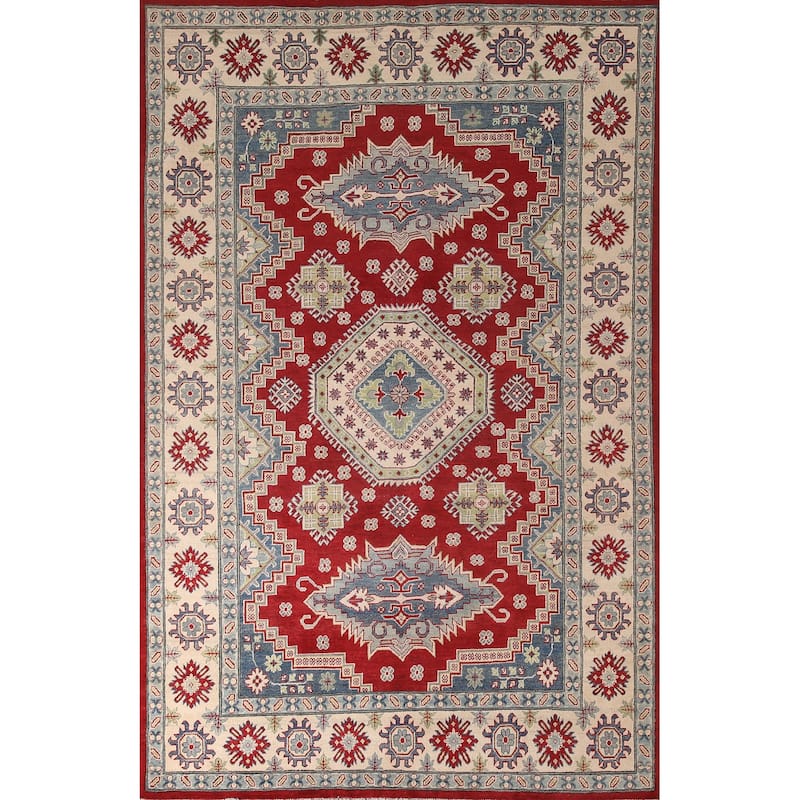 Red Kazak Area Rug Hand-Knotted Geometric Wool Carpet - 6'8" x 9'11"