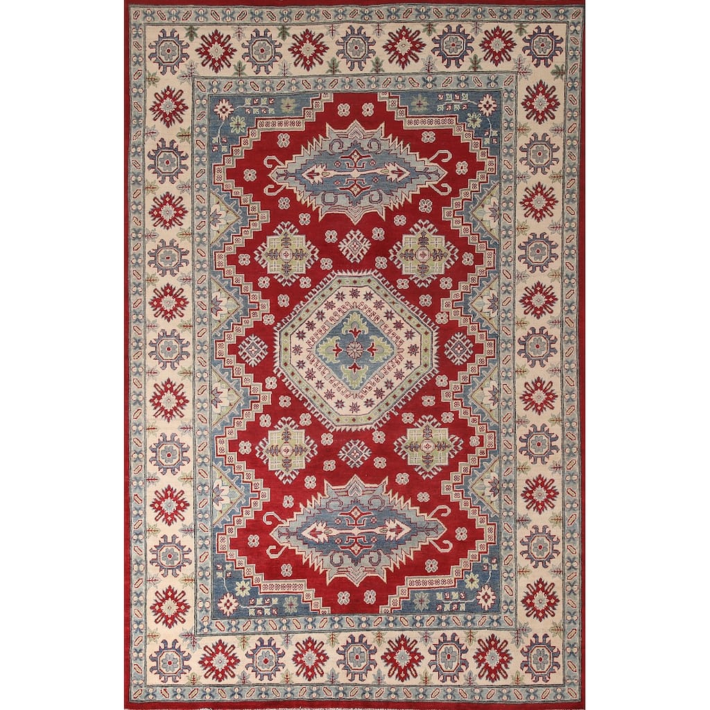 Red Kazak Area Rug Hand-Knotted Geometric Wool Carpet - 6'8" x 9'11"