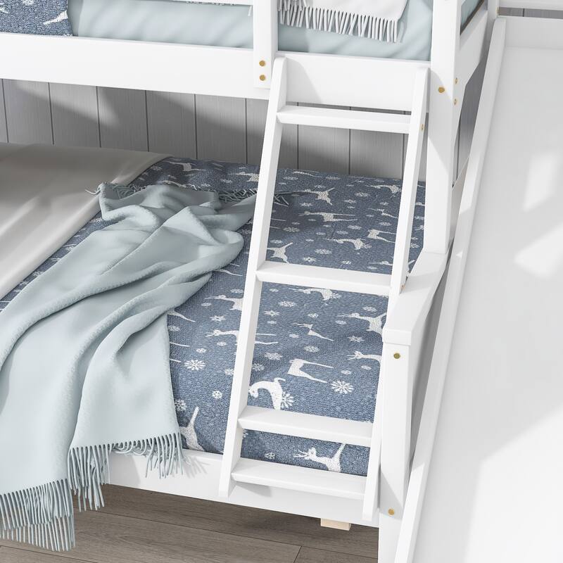 Twin over Full Bunk Bed with 2 Drawers, Slide & Shelves, Detachable into 2 Beds, Wood Bunkbeds Frame with Solid Slats Supprot