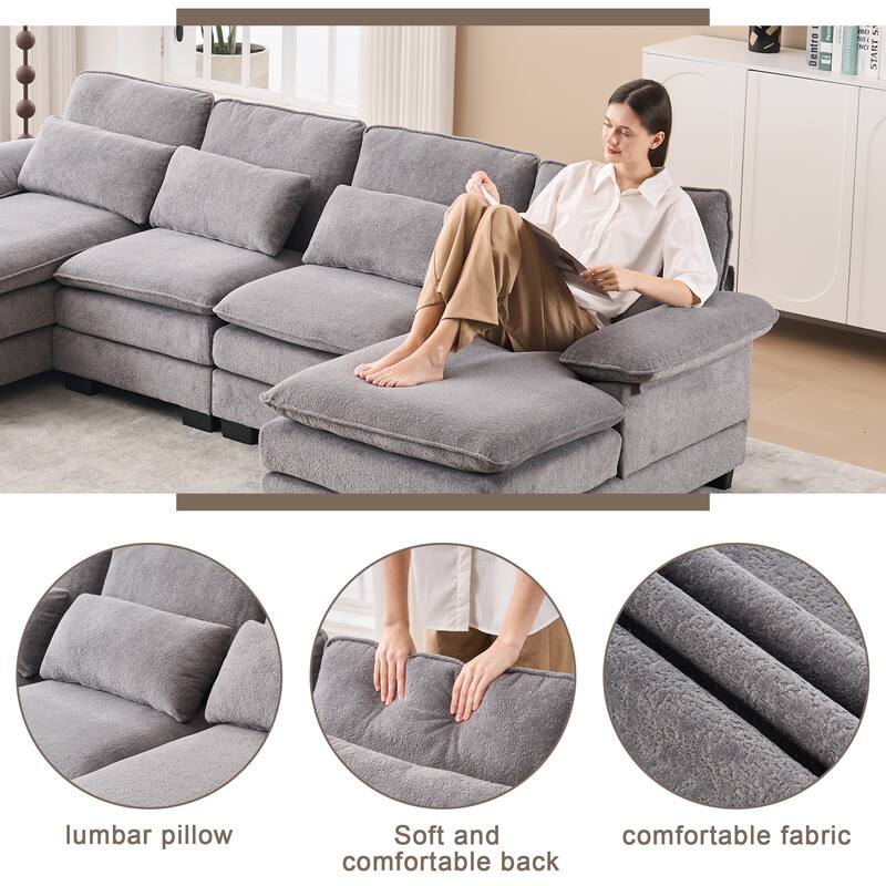 U Shape Cloud Couch 111.8",4-seat Velvet Fabric Upholstered Sofas with Chaise Lounge & Pillows