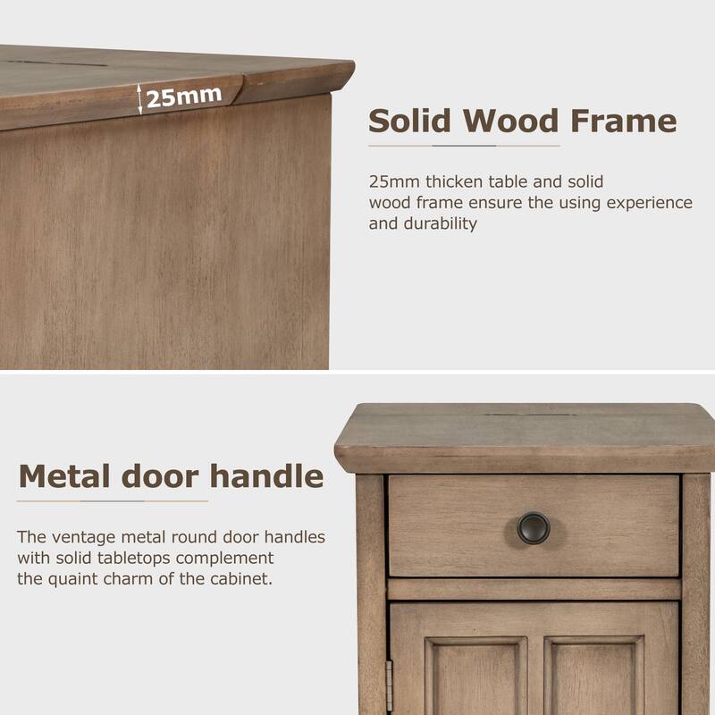 Classic Vintage Livingroom End Table, Side Table with USB Ports, and One Multifunctional Drawer with cup holders