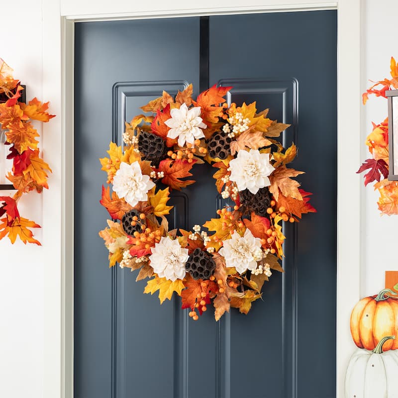 Glitzhome Fall Thanksgiving Dahlia Lotus Pod Berry Floral Wreath Swag with Metal Wreath Hanger