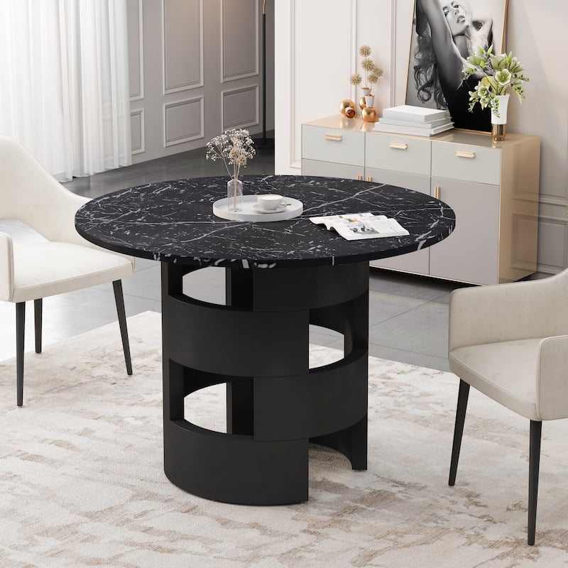 Modern Round Dining Table with Printed Black Marble Table Top - Bed ...