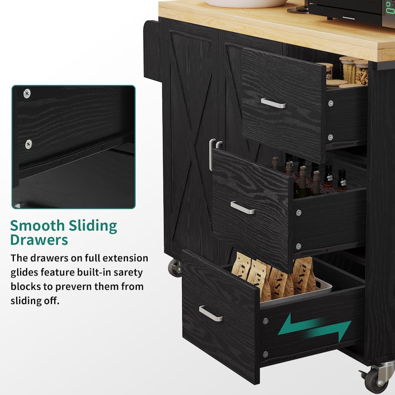 Moasis Rolling Kitchen Island Storage Shelf Mesh Panel with 3-Drawer Hooks Spice Rack Glass Holder