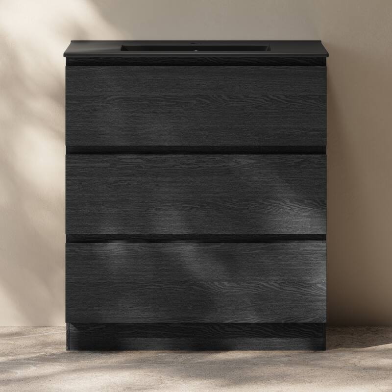 Liberte 30" Freestanding Bathroom Vanity In Black Oak With Black Sink Top - 30