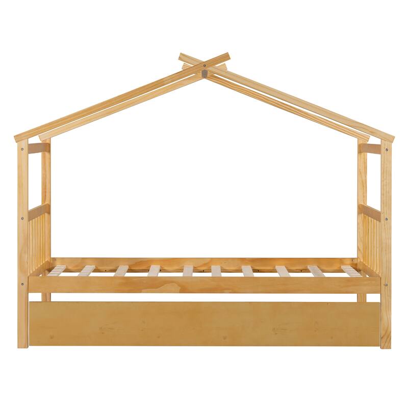 Twin Size Wooden House Bed with Pull-Out Trundle, Natural Finish