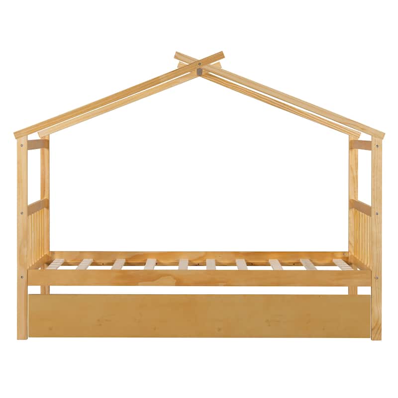 Twin Size Wooden House-Shaped Bed With Twin Size Trundle