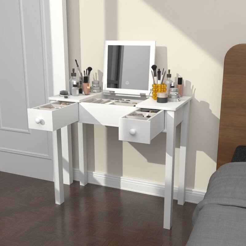 Sleek Vanity Table with LED Lights, Flip-Top Mirror and 2 Drawers, Jewelry Storage for Women Dressing