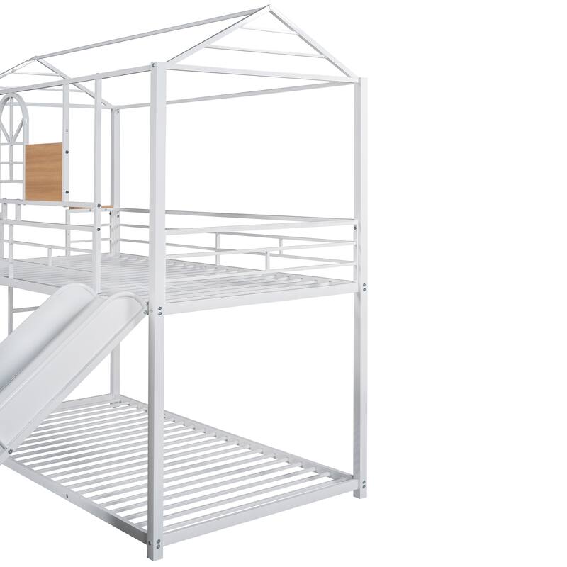 Twin Over Twin Metal Bunk Bed with Slide, Playhouse Design