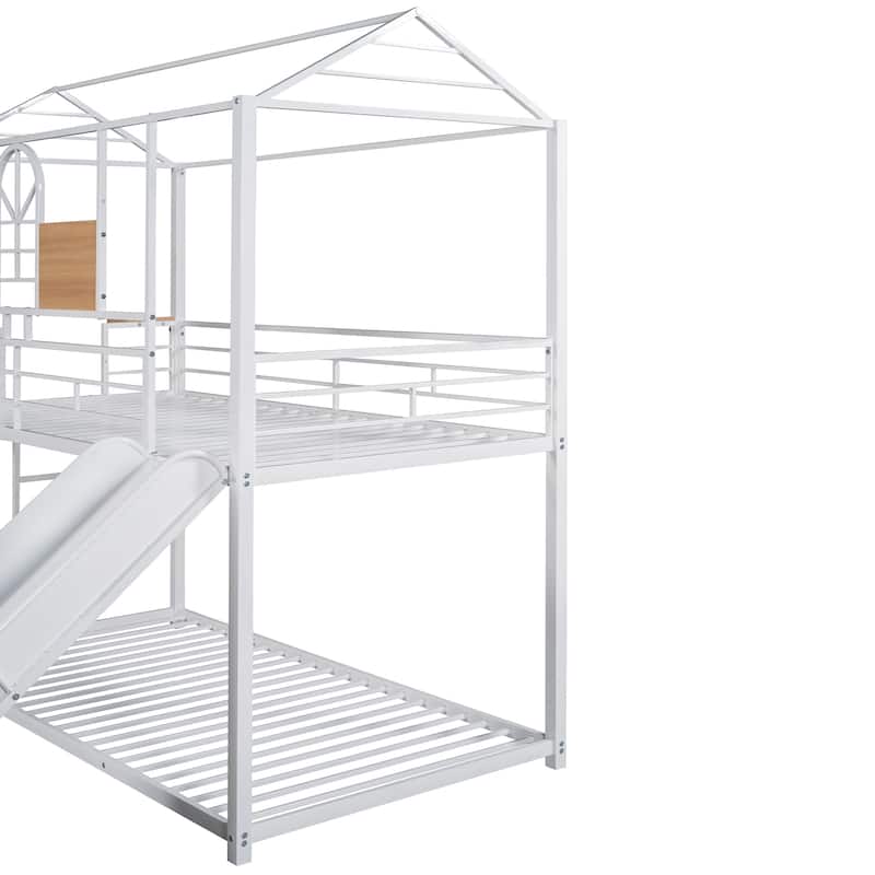 White Twin Over Twin Metal Bunk Bed with Slide, Playhouse Design