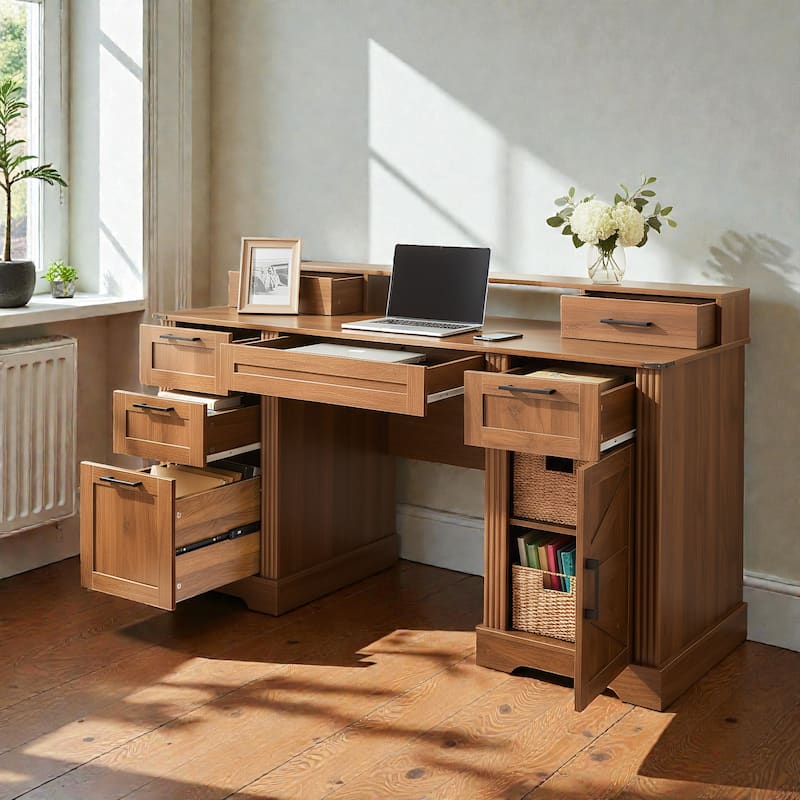 59 Inch Farmhouse Office Desk with Charging Station, Barn Door Desk with File Drawer Monitor Stand and Keyboard Tray