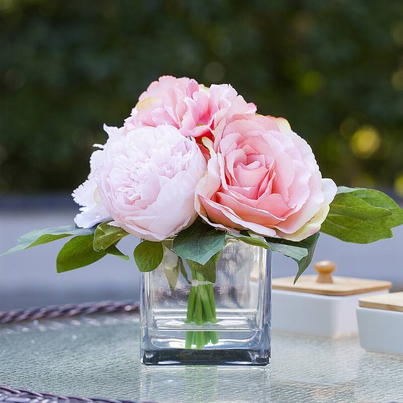 Enova Home Mixed Artificial Silk Roses Peony and Hydrangea Fake Flowers Arrangement in Cube Glass Vase with Faux Water - N/A