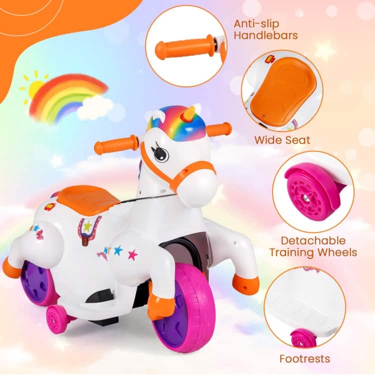 Kids 12V Unicorn Ride-On Toy with Training Wheels Fun and Safe Horse Riding Mode - 27” L x 15” W x 22.5” H