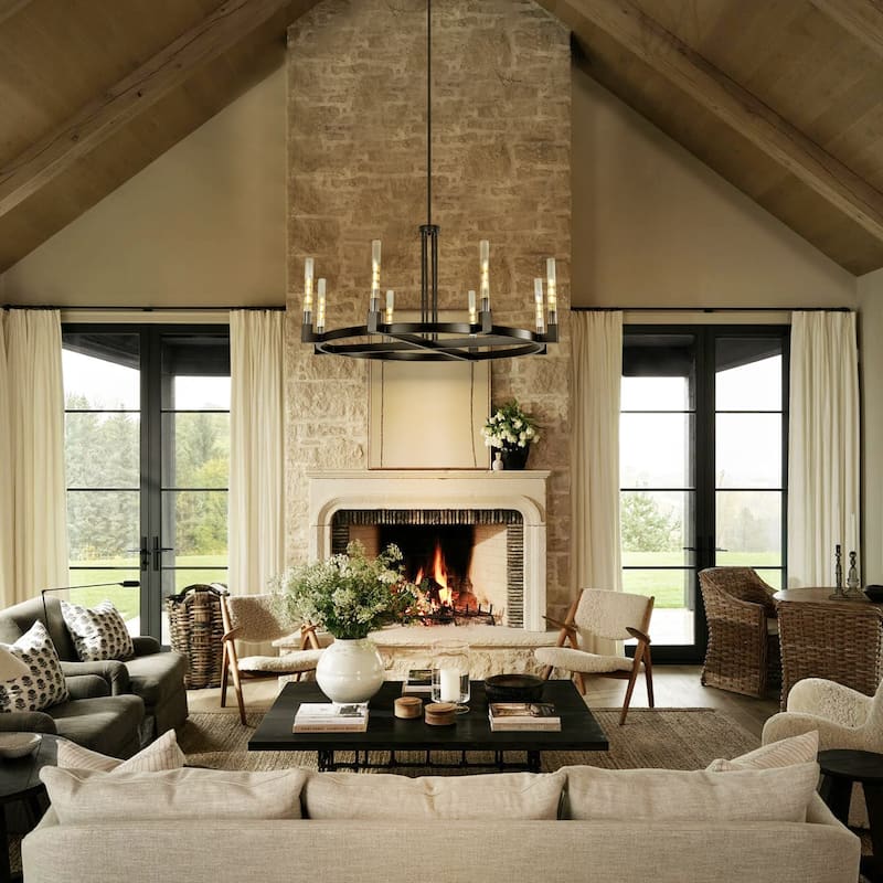 8-Light Mid-Century Modern Black Wagon Wheel Chandelier/Large Chandelier with Ribbed Glass Shade - 47.2 in. W x 23.6 in. H