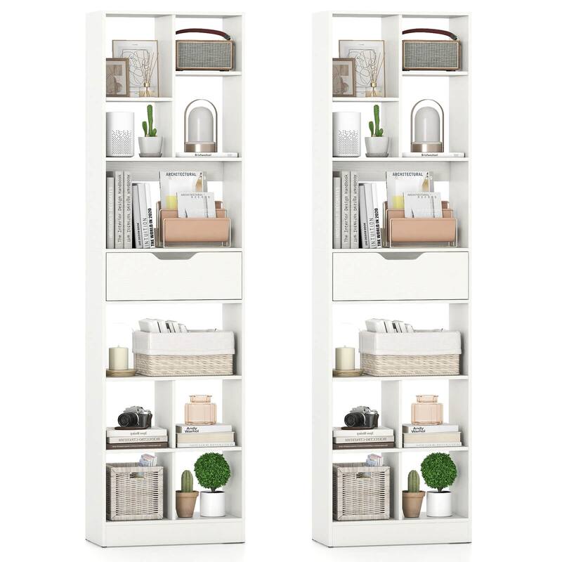 Costway 1/2 PCS 71” Bookcase with Drawer 10 Open Cubes Anti-toppling