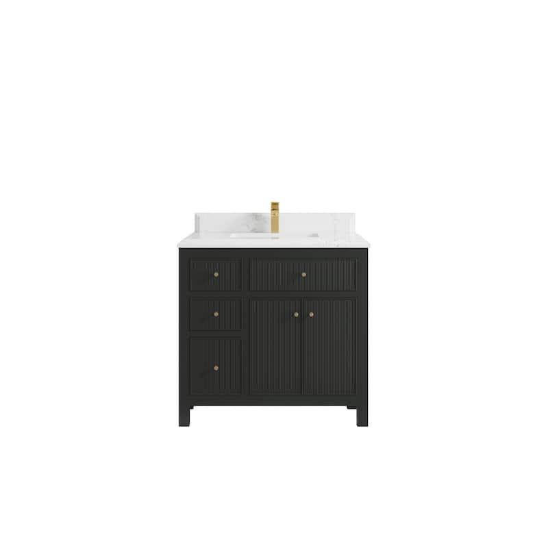 Willow Collections 36 in W x 22 in D Sonoma Center Sink Free Standing Reeded Bathroom Vanity with Countertop - 1.5" Empira White - Black Top