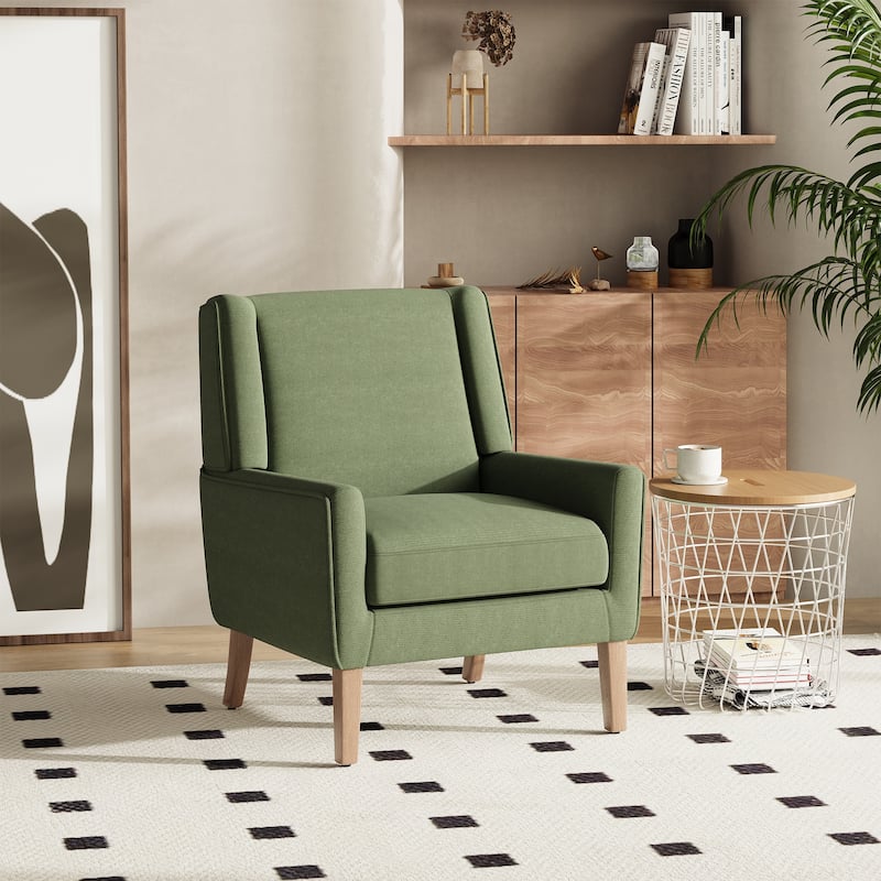 Mid-Century Linen Wing Chair - Tailored Channel Tufting & Walnut Tapered Legs, Compact Accent for Reading Nooks